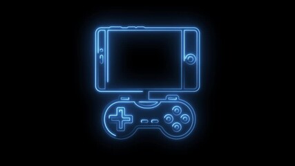 Glowing neon mobile gaming setup smartphone and controller animation on black background - Powered by Adobe