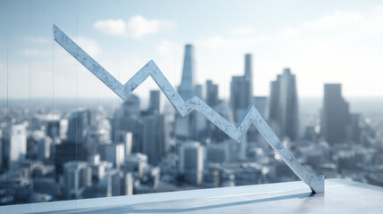 blue downward trend line overshadowing faint city skyline silhouette economic recession visualization illustration concept scene visual for commercial design use high detail quality stock image