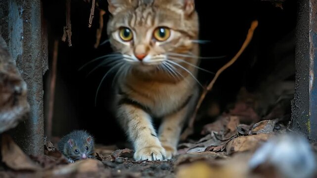 In a serene moment of dusk, a playful cat peers from a cozy shelter, eyes wide with curiosity as a tiny mouse scurries nearby, creating an enchanting encounter in the wilderness.