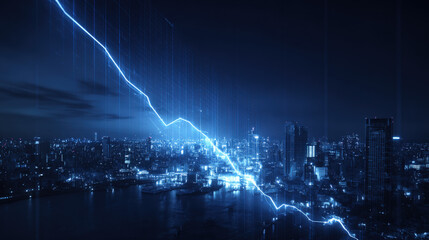 blue downward trend line overshadowing faint city skyline silhouette economic recession visualization illustration concept scene visual for commercial design use high detail quality stock image