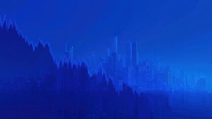 blue downward trend line overshadowing faint city skyline silhouette economic recession visualization illustration concept scene visual for commercial design use high detail quality stock image