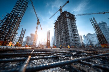 Construction workers are building a modern skyscraper with cranes and rebar on a sunny day