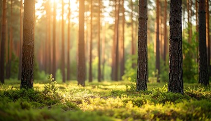 Sunlit pine forest at dawn, showcasing tall trees and a lush green undergrowth bathed in golden light.