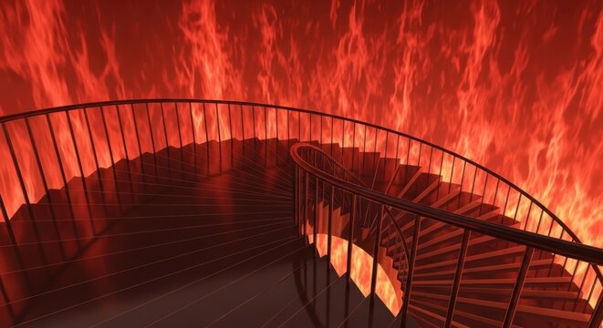 Spiral Staircase Overlooking Fiery Inferno with Glowing Flames and Intense Red Light - Powered by Adobe
