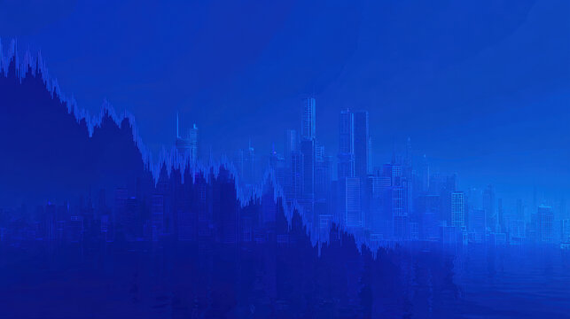 blue downward trend line overshadowing faint city skyline silhouette economic recession visualization illustration concept scene visual for commercial design use high detail quality stock image