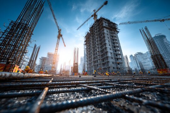 Construction workers are building a modern skyscraper with cranes and rebar on a sunny day