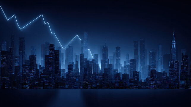 blue downward trend line overshadowing faint city skyline silhouette economic recession visualization illustration concept scene visual for commercial design use high detail quality stock image - Powered by Adobe
