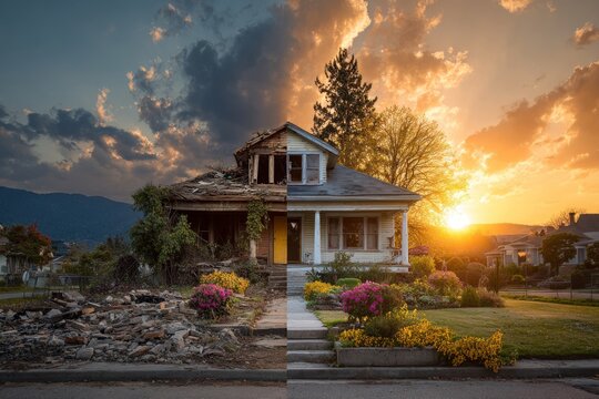 Improvement and renovation concept showing a split screen of a dilapidated house and a renovated house at sunset