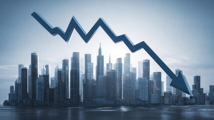 blue downward trend line overshadowing faint city skyline silhouette economic recession visualization illustration concept scene visual for commercial design use high detail quality stock image