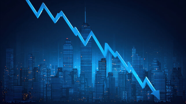 blue downward trend line overshadowing faint city skyline silhouette economic recession visualization illustration concept scene visual for commercial design use high detail quality stock image