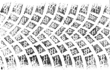 black traces of tractor tires on white background.