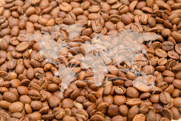 Coffee Beans with Global Network and World Map Overlay