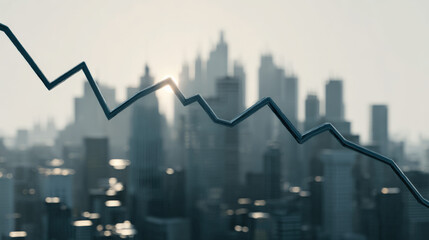 blue downward trend line overshadowing faint city skyline silhouette economic recession visualization illustration concept scene visual for commercial design use high detail quality stock image