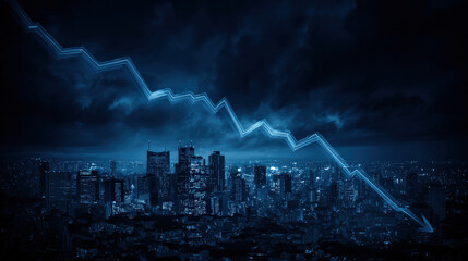 blue downward trend line overshadowing faint city skyline silhouette economic recession visualization illustration concept scene visual for commercial design use high detail quality stock image