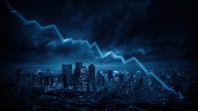 blue downward trend line overshadowing faint city skyline silhouette economic recession visualization illustration concept scene visual for commercial design use high detail quality stock image - Powered by Adobe