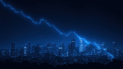blue downward trend line overshadowing faint city skyline silhouette economic recession visualization illustration concept scene visual for commercial design use high detail quality stock image