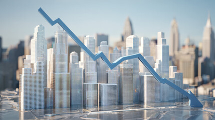 blue downward trend line overshadowing faint city skyline silhouette economic recession visualization illustration concept scene visual for commercial design use high detail quality stock image