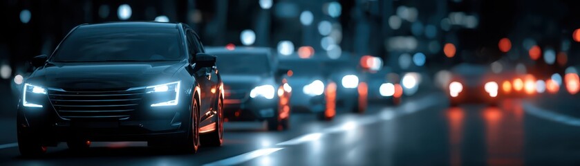 Illuminated city nights, car navigating through urban streetscape after dark night