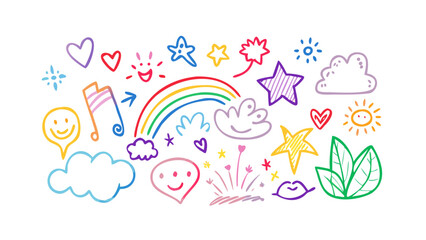 Rainbow doodle pack with happy faces and stars hearts