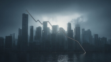 blue downward trend line overshadowing faint city skyline silhouette economic recession visualization illustration concept scene visual for commercial design use high detail quality stock image