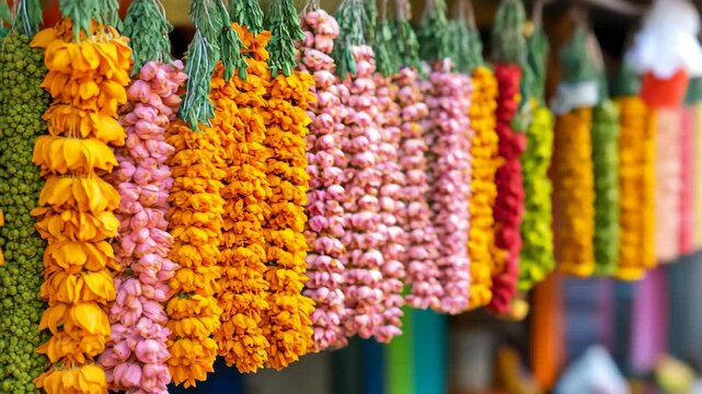 Brightly colored flower garlands hang gracefully from market stalls, showcasing rich hues of orange, pink, and yellow. The atmosphere is lively, filled with the scent of freshness.