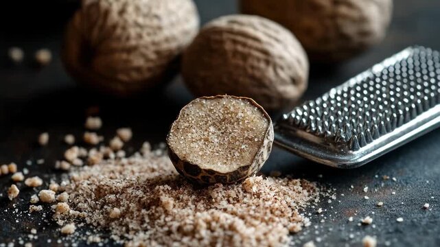 In a warm kitchen, the earthy scent of nutmeg fills the air as whole nuts are grated into a fine powder, inviting culinary creativity and flavors that tantalize the senses.