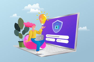 An innovative cybersecurity solution, showing a woman with a bright idea for a strong password or two-factor authentication to protect her private data and secure her online account.