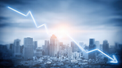 blue downward trend line overshadowing faint city skyline silhouette economic recession visualization illustration concept scene visual for commercial design use high detail quality stock image