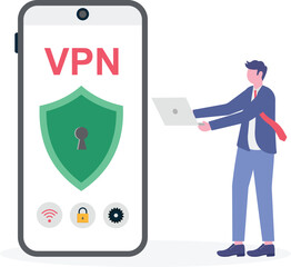 Flat illustration of two people setting up vpn virtual private network to secure internet connection
