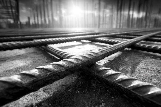 Reinforcing steel bars forming a grid structure as foundation for concrete pouring at construction site