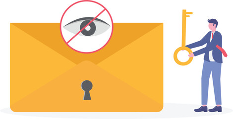Flat illustration of man encrypting sensitive emails protecting communication and preventing interception
