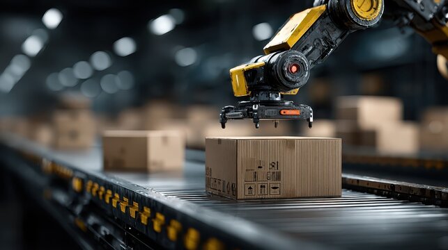 Automated conveyor belt system with robotic arm for efficient box handling in modern factory