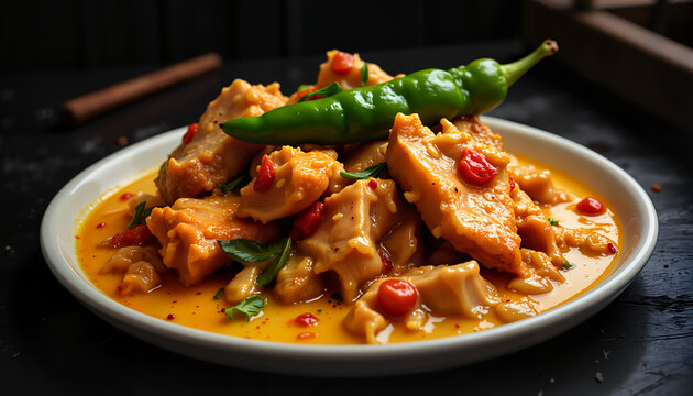 Spicy bicol express dish served on a white plate with green chili