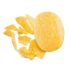 Photo of potato chips taken with a high-resolution camera using the focus-stacking technique on a white background.