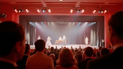 Audience watching a performance on a well-lit stage with performers and musicians.