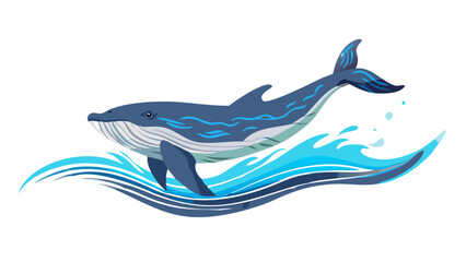 Stylized blue whale breaching through waves ocean water