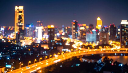 Obraz premium Abstract blurred cityscape background at night with glowing bokeh lights and traffic light trails on an urban highway
