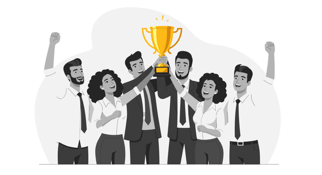 business team celebrating success vector illustration, group holding trophy, achievement concept, flat vector 