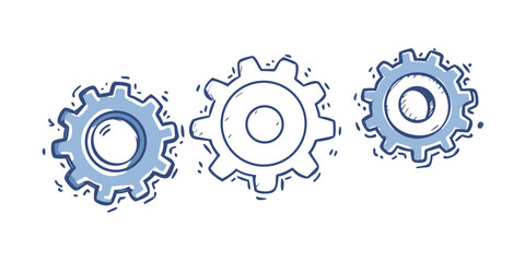 Three blue gears in doodle style cogwheels mechanical