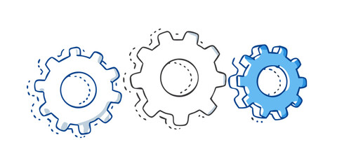 Three gears in doodle style cogwheels mechanical