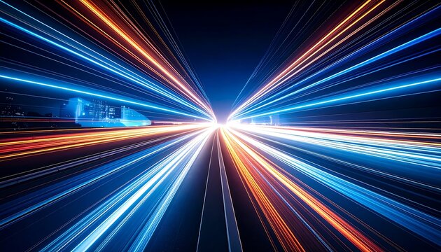 Dynamic light trails converge at a vanishing point, suggesting rapid motion and technological advancement.