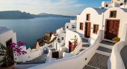 Obraz premium White Mediterranean Cliffside Village with Blue Sea and Sky in Greece