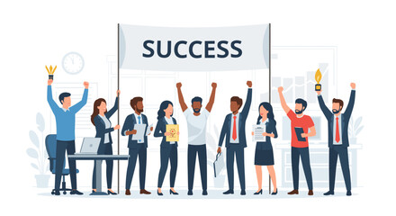 Team celebrating success with banner. Flat illustration depicting diverse group of people in office setting. Illustration with a bright color palette, conveying a positive mood.