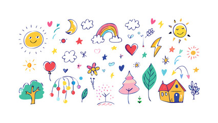 Whimsical doodle elements moon rainbow