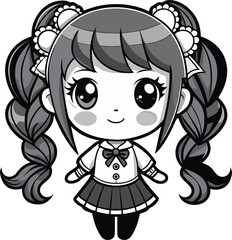 Kawaii Doll Girl Outline | Cute Cartoon Coloring Design