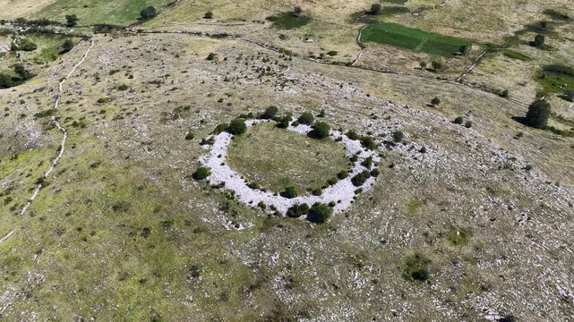 Aerial drone shot of Illyrian stone fort remains surrounded by rocky Glasinac landscape