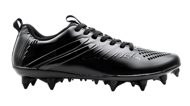 Illustration of sleek black football shoe isolated on transparent background, showcasing the cleats and design for sports, training, and athletic performance, modern style