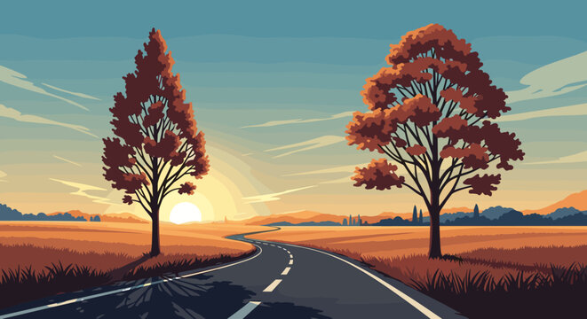 A serene autumn countryside road bathed in the warm glow of a setting sun