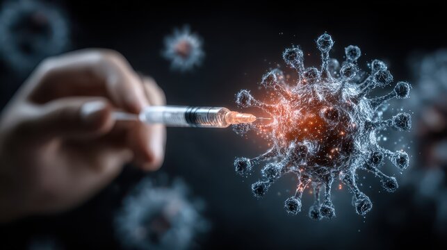 A hand holds syringe with vaccine, medical procedure for health and immunization