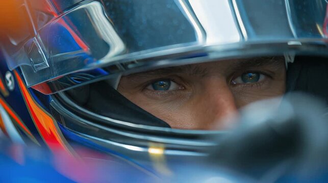 Closer racecar driver helmet intense formula circuit